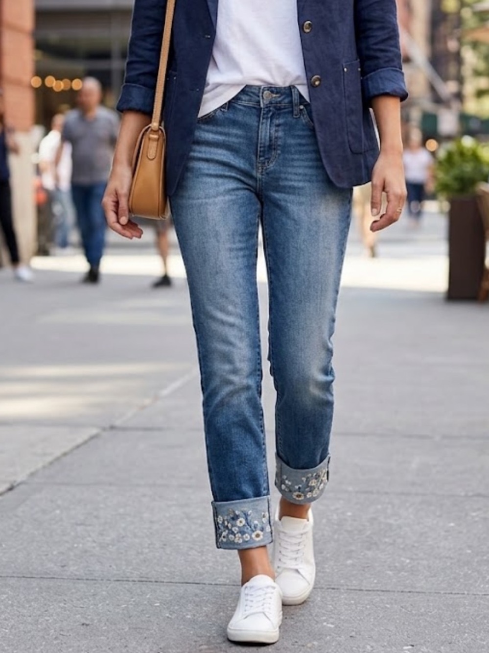 JAG Carter Mid Rise Girlfriend Jeans 4/26 Blue Embroidery Floral Cuff Stretch